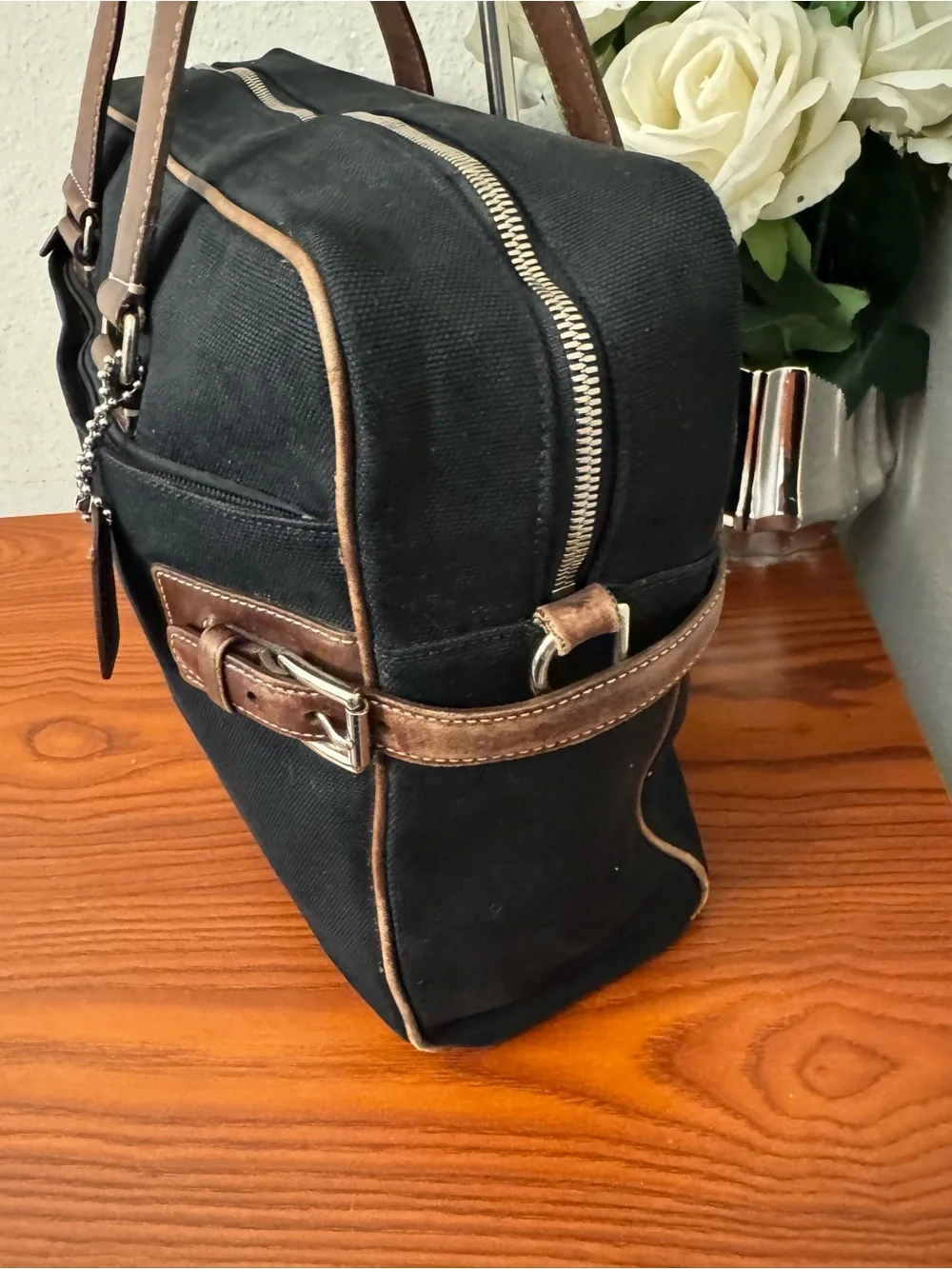 Coach Black Canvas Briefcase with Brown Leather Trim
